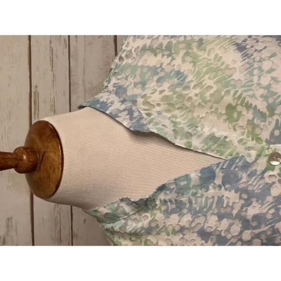 Ruby Rd multicolored V-neck roll tab sleeve semi sheer button-up top Size 14P - Picture 2 of 8